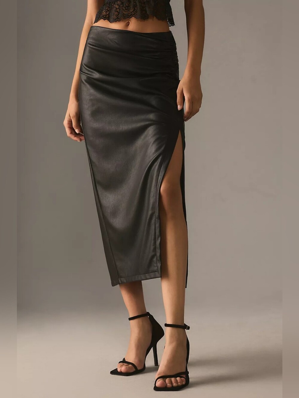 Anthropologie The Maya Ruched Side Slit Vegan Leather Midi Skirt In S